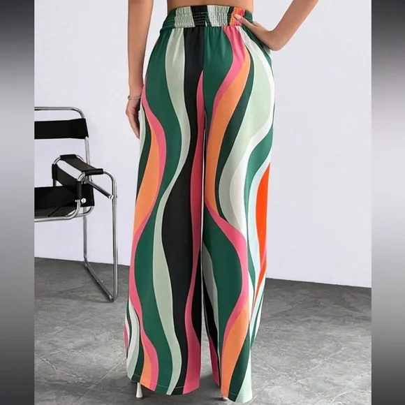 Boho Abstract Print High Waist Wide Leg palazzo Pants - Picture 2 of 6